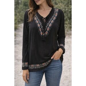 Urban Coco Black Embroidered Tunic Boho Peasant Top Tassel Womens L Festival